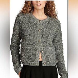 Lucky Brand Soft Cardigan Sweater Button M Plush Lady Jacket Boucle Gray Cotton